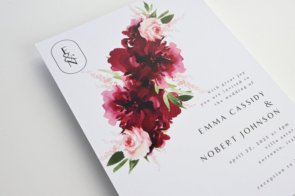 A white card angled on a pale background shows digital printing, a painted bouquet, and small black details.