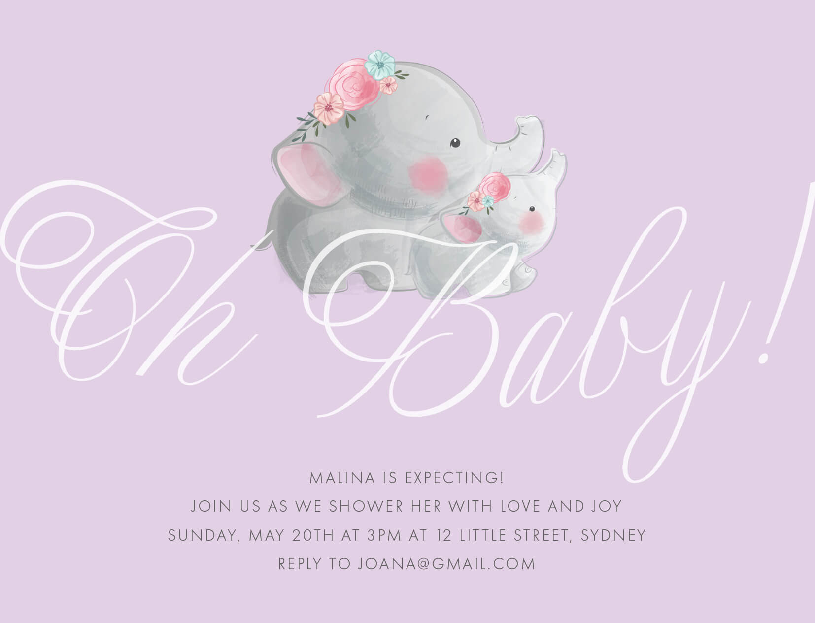 Lilac Elephant - Baby Shower Invitations