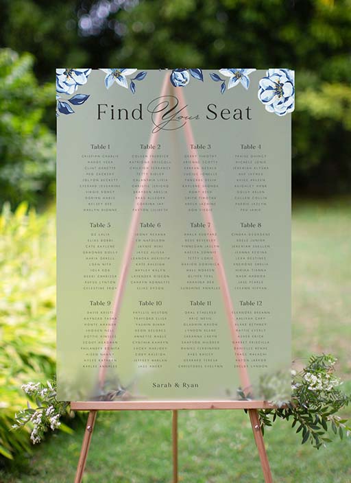 Blue Acrylic Floral wedding seating chart design from Paperlust.