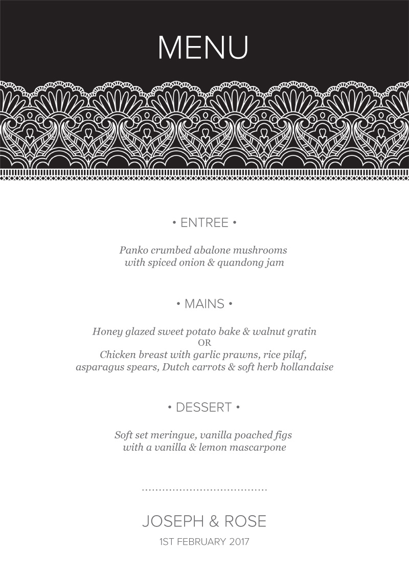 White Lace - Wedding Menu