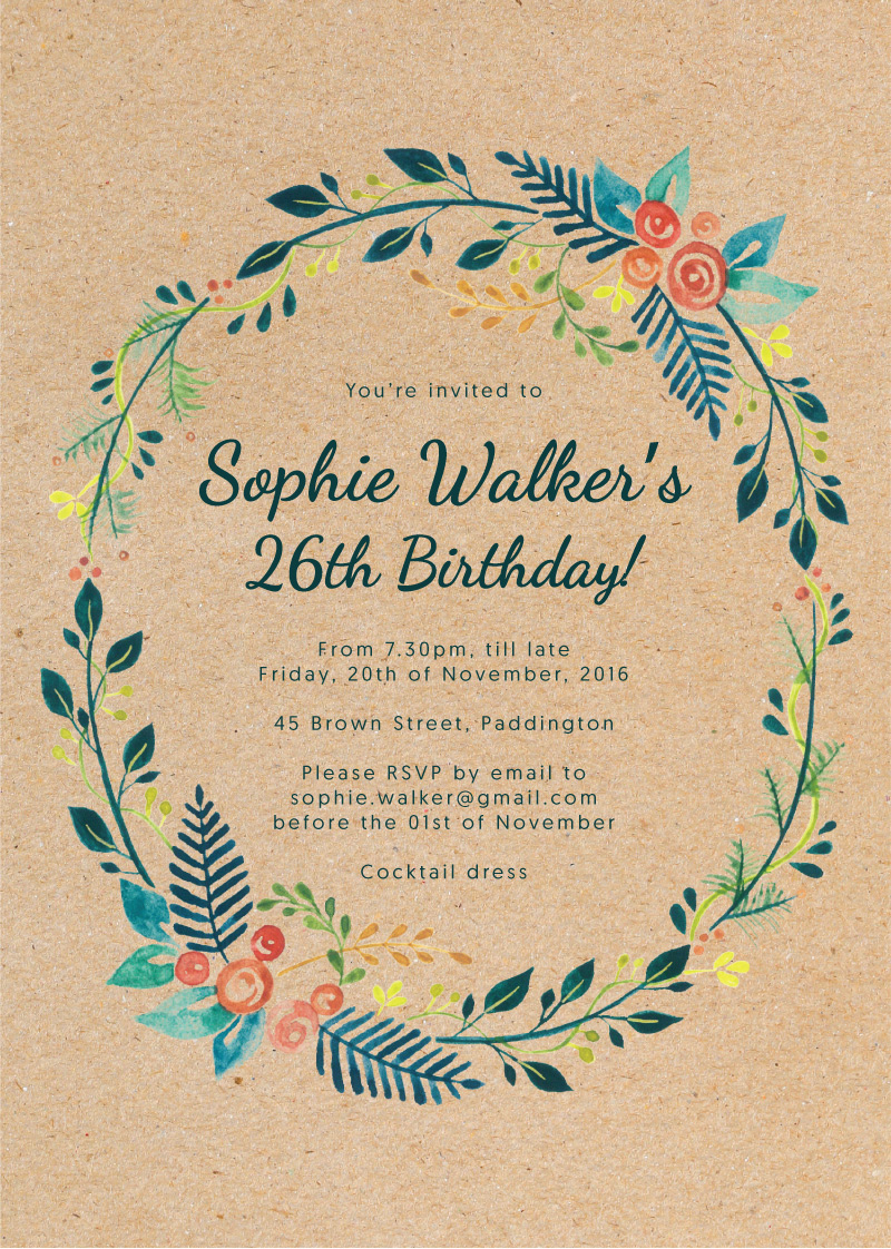 Botanical Wreath birthday invitation with a watercolor floral wreath on kraft