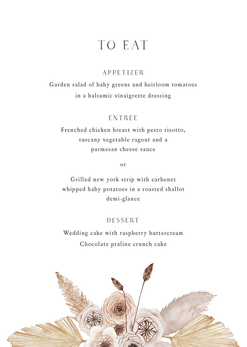 Rustic Pampas Wedding Menu - Digital Printing design preview