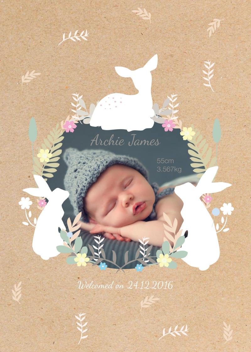 Baby Animals Leaves Flowers - Baby Announcements