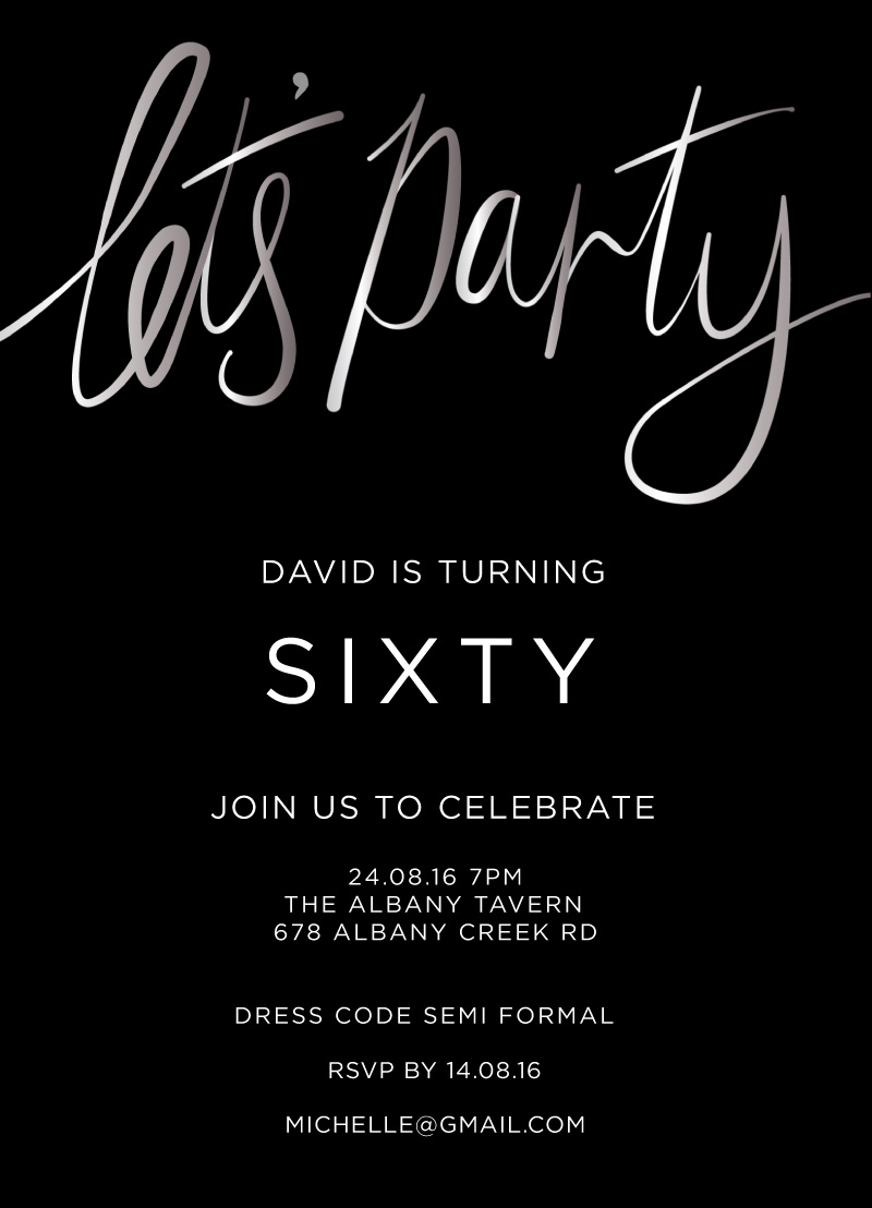 Lets Party Silver Foil Birthday Invitations - Colour Stock + Foil design preview