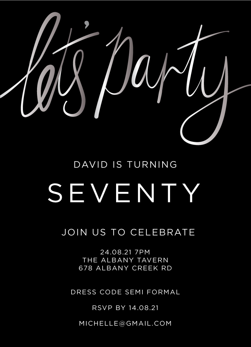 Lets Party Silver Foil Birthday Invitations - Colour Stock + Foil design preview