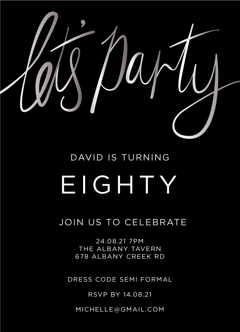 Lets Party Silver Foil Birthday Invitations - Colour Stock + Foil design preview