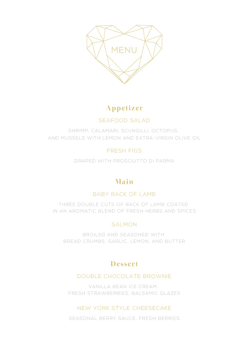 Diamond Love Wedding Menu - Flat Foil design preview