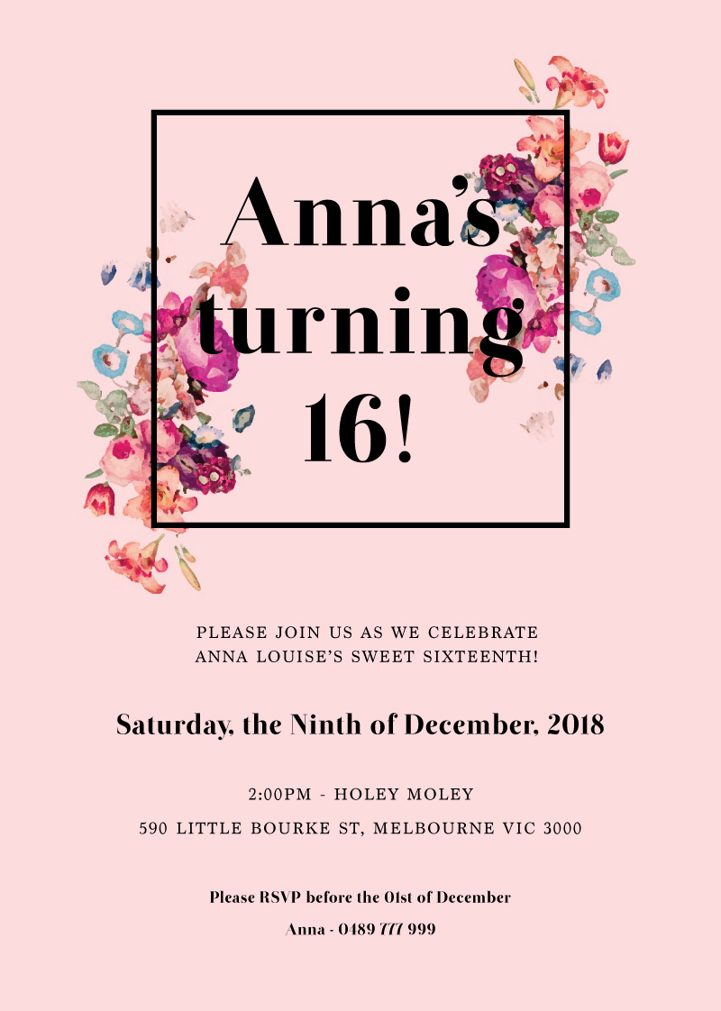 Floral Sweet Sixteen Birthday Invitations - Flat Foil design preview