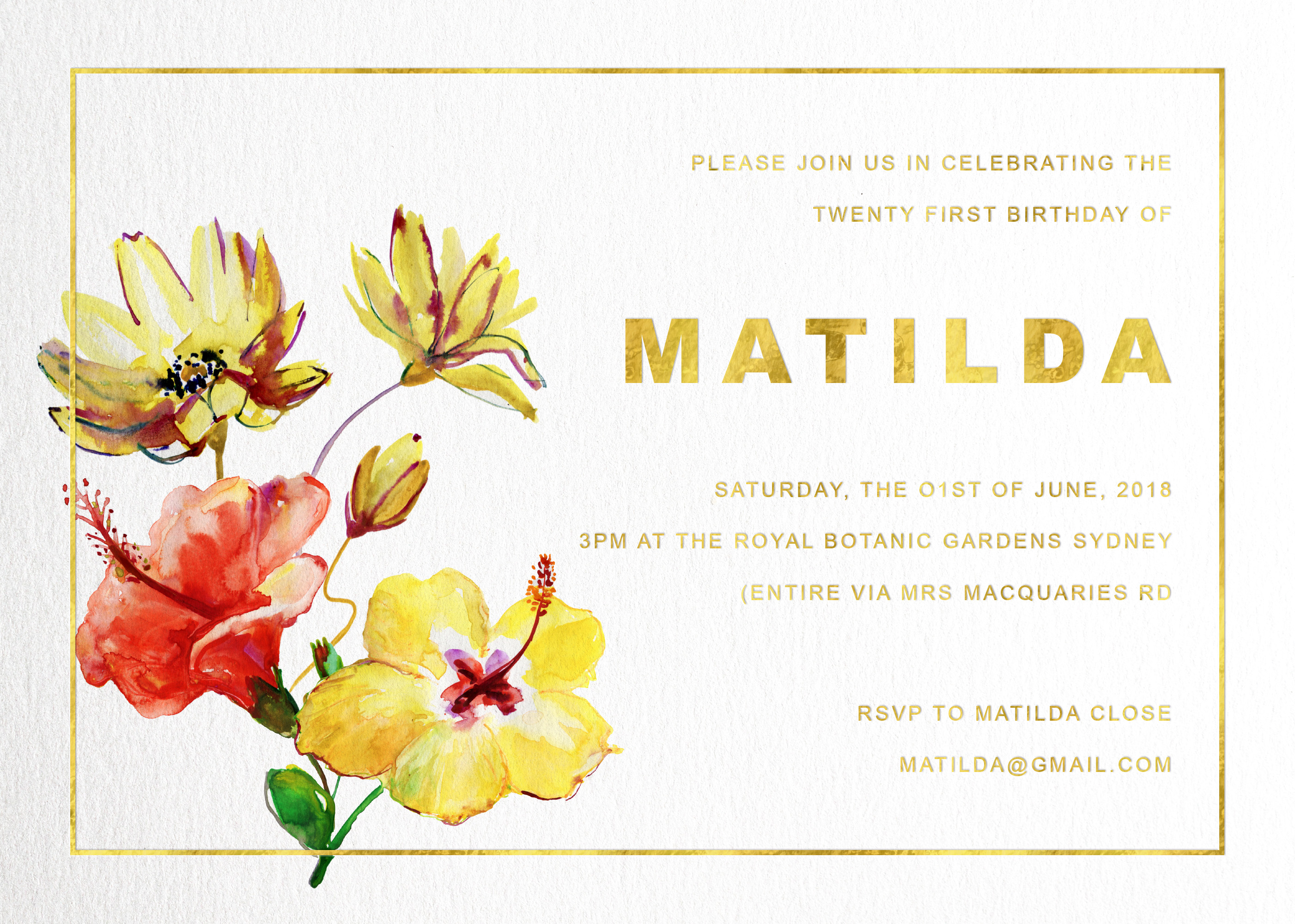 Yellow Flower Metallic Birthday Invitations