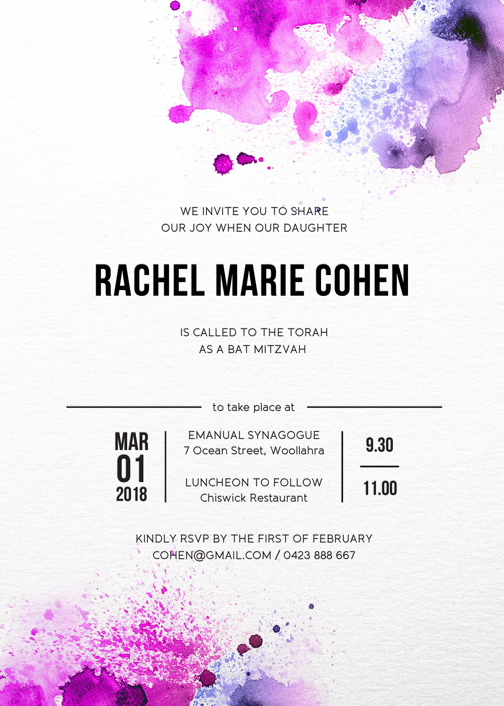 Watercolour Splash Bar & Bat Mitzvah Invitations - Digital Printing design preview