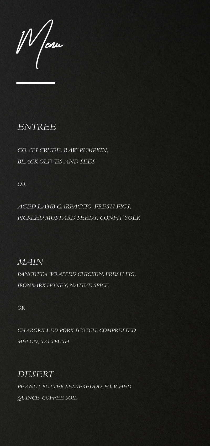 The BWM Wedding Menu - White Ink design preview
