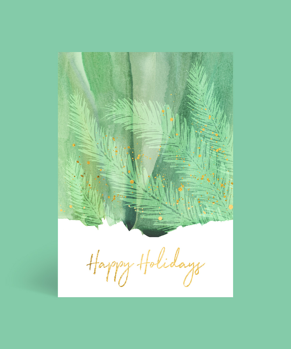 Watercolor Flocked Pine Christmas Cards - Flat Foil design preview
