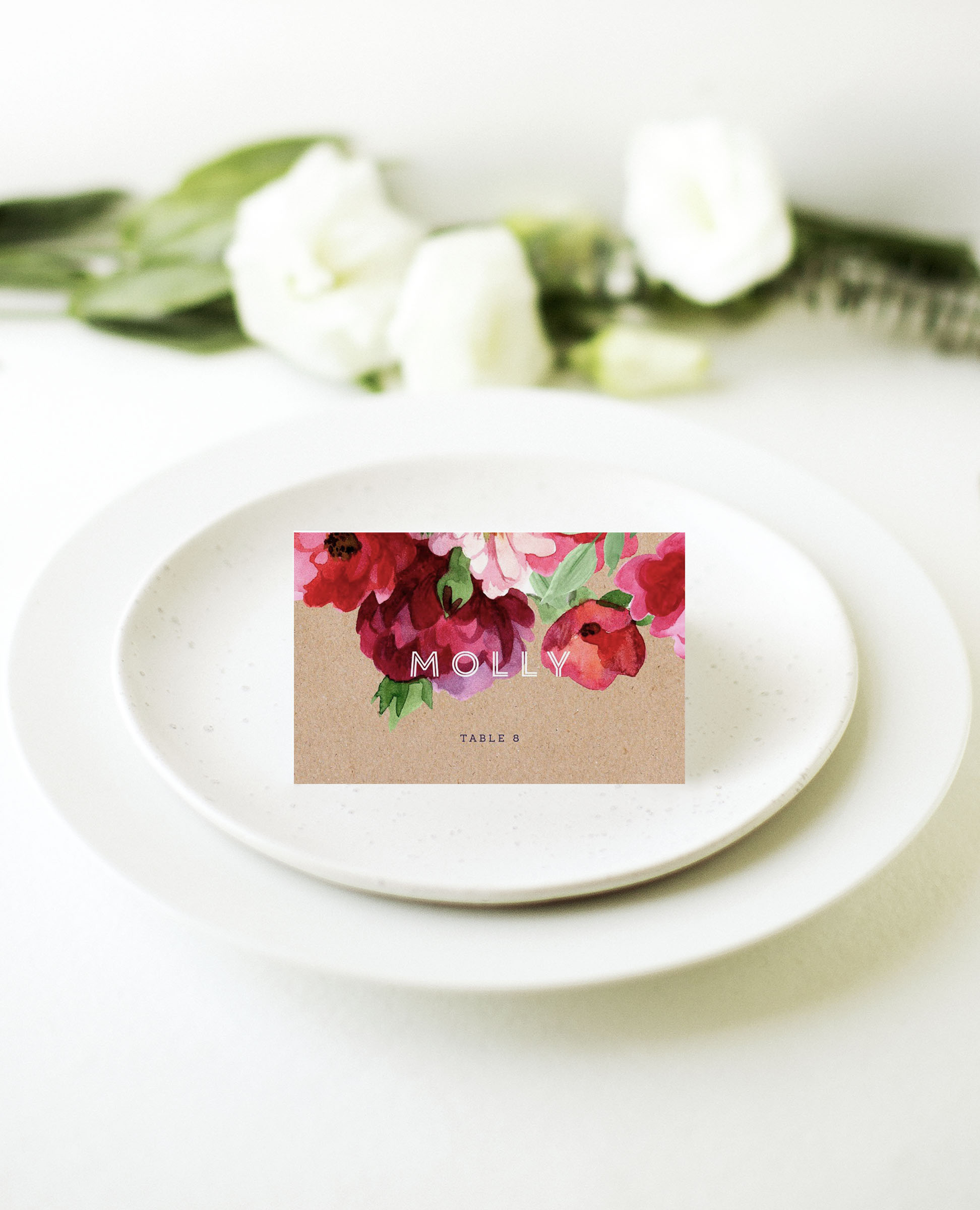 Rustic Red Flowers Wedding Place Cards - White Ink design preview