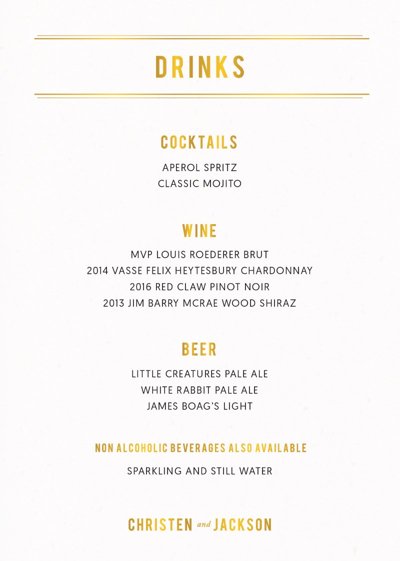 Flos Paradisi Wedding Menu - Metallic Prints design preview