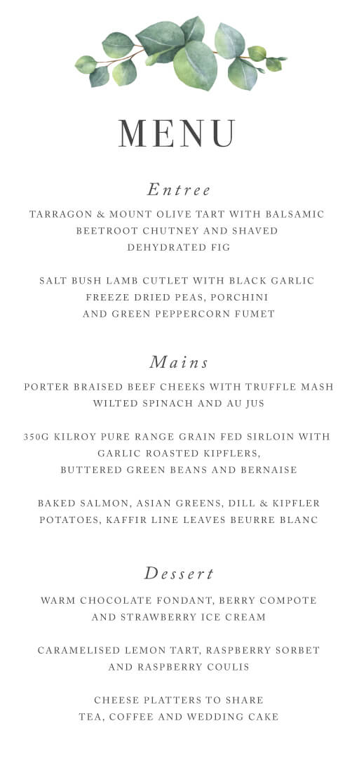 Eucalyptus wedding menu design from Paperlust.