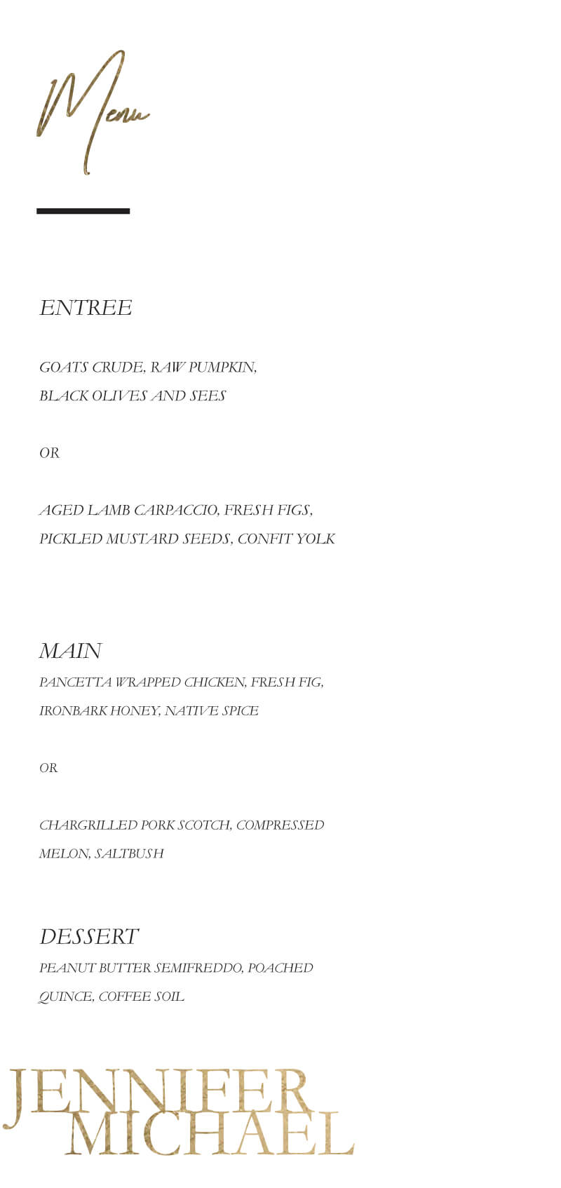 The BWM Wedding Menu - Foil Stamp design preview