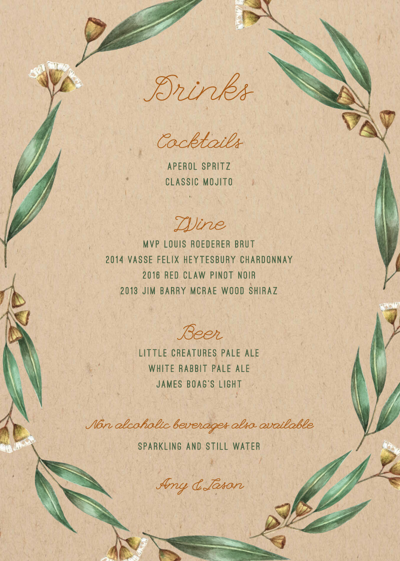 Under The Eucalyptus Wedding Menu - White Ink design preview
