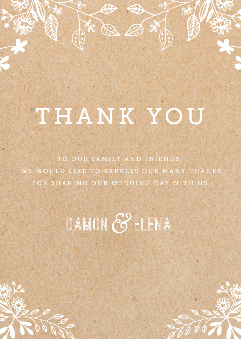Rustic Floral Sketch Wedding Thank You Cards - White Ink design preview