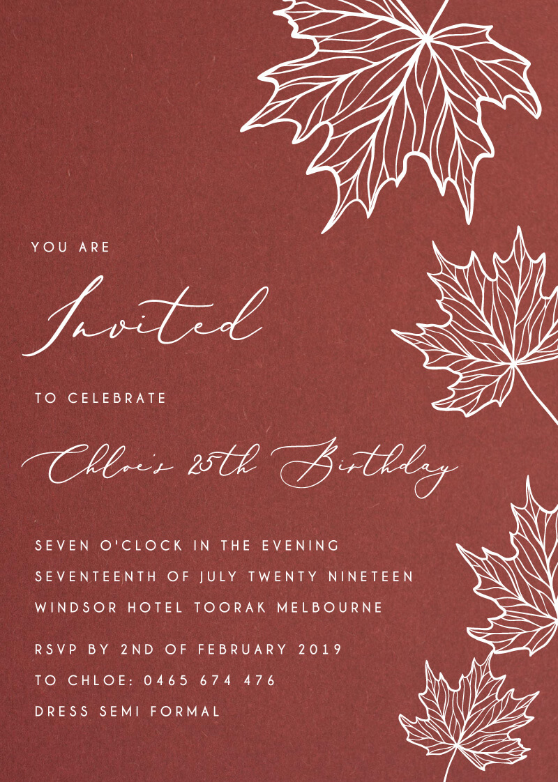 Autumn Birthday | White Ink | Birthday Invitations