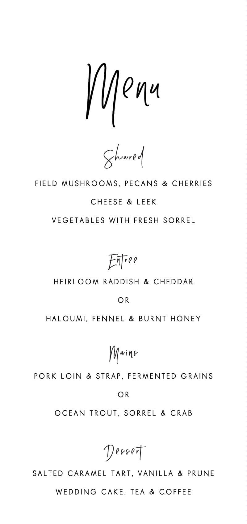 Clair De Lune - Wedding Menu
