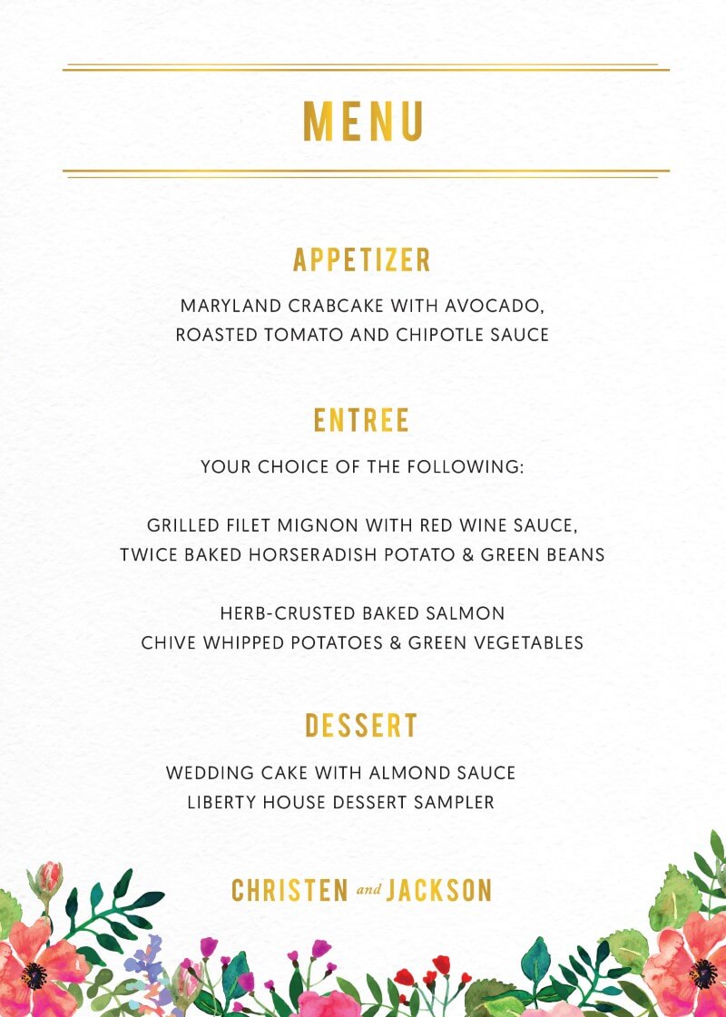 Flos Paradisi Wedding Menu - Metallic Prints design preview
