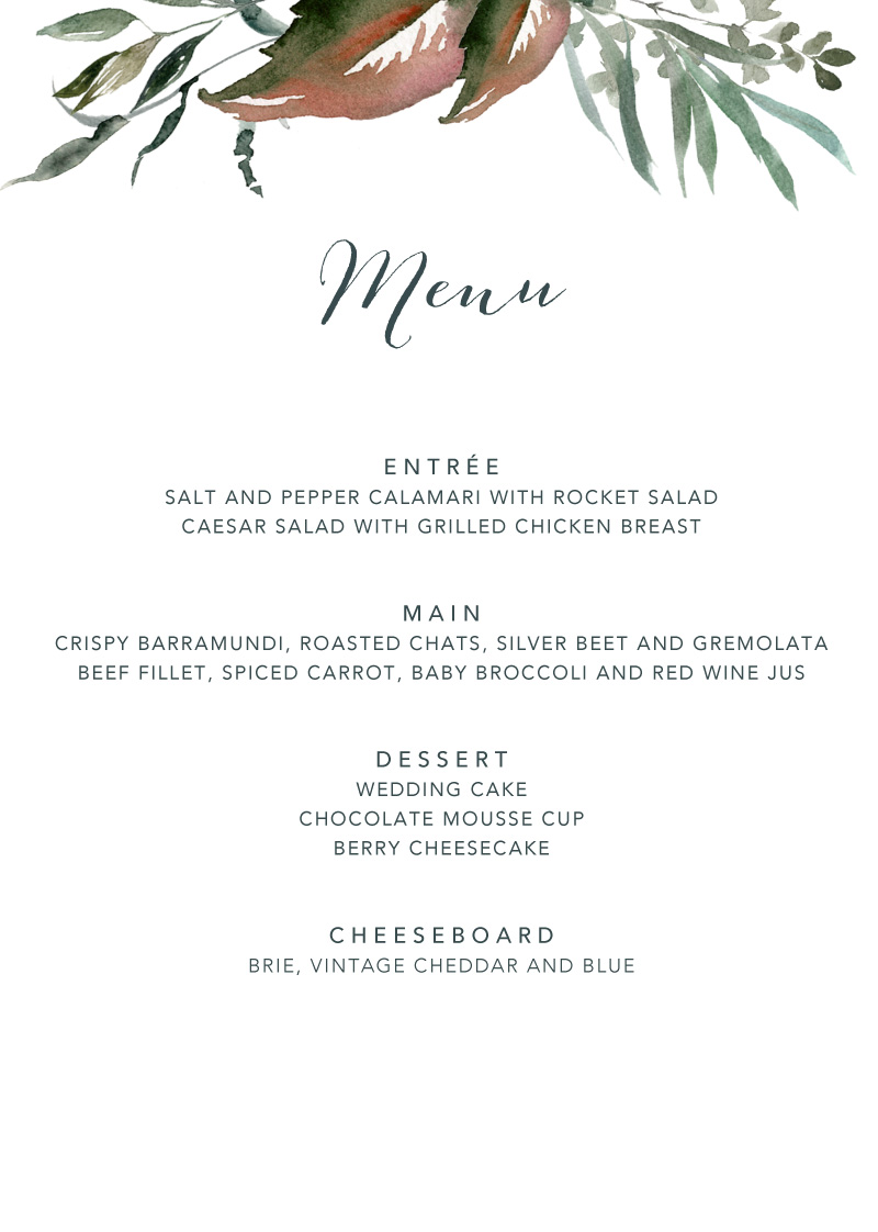 Melaleuca Wedding Menu - Digital Printing design preview