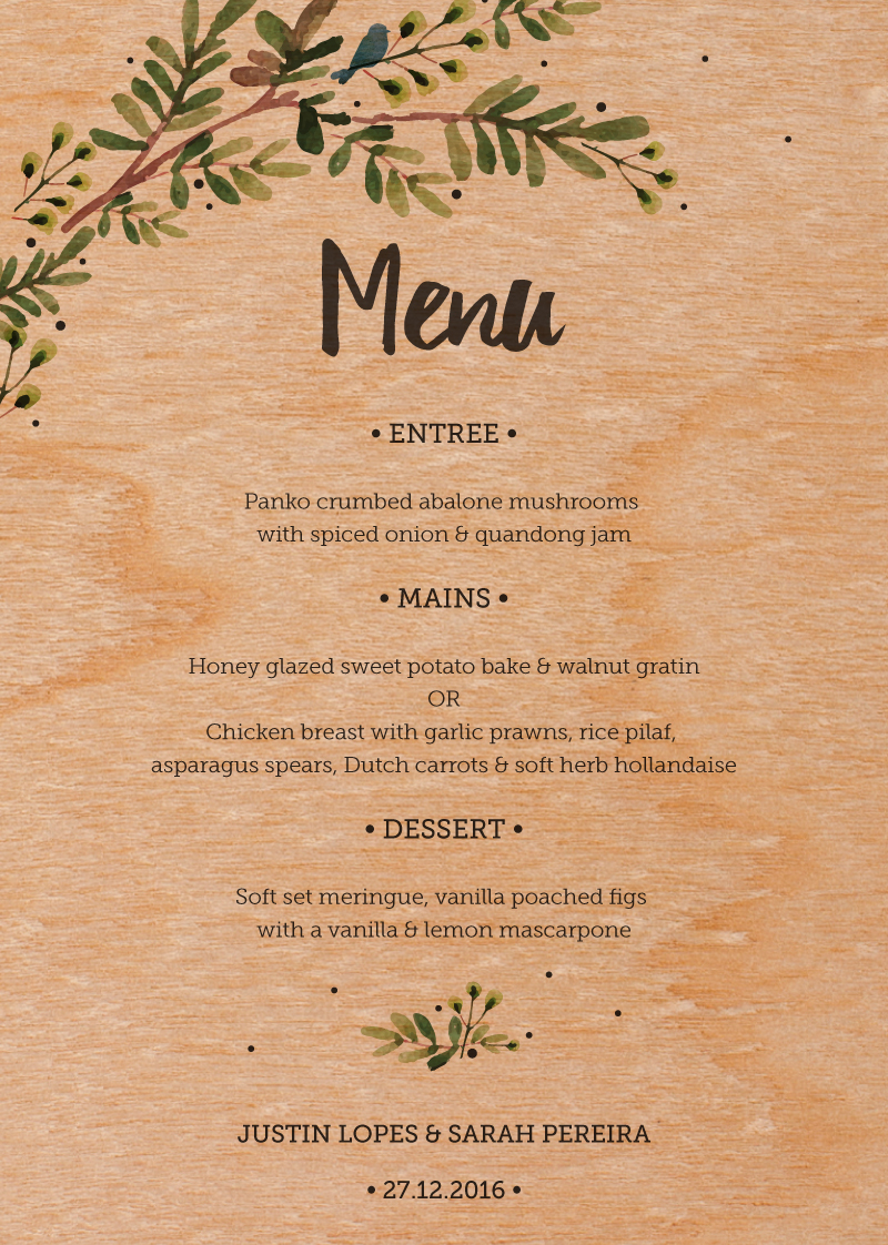 Rustic Garden Print On Wood Wedding Menu