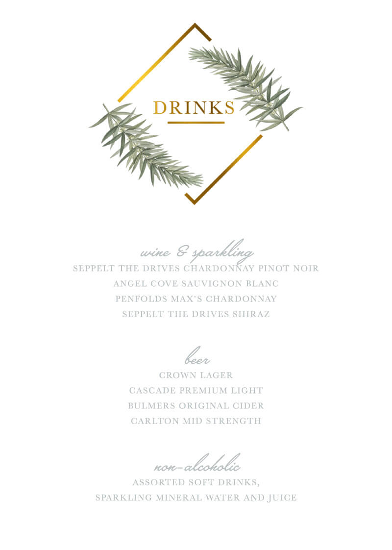 Diamond Branch Wedding Menu - Metallic Prints design preview
