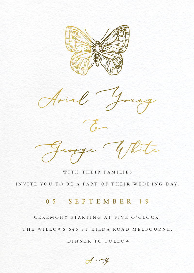 Golden Butterfly Wedding Invitations - Metallic Prints design preview