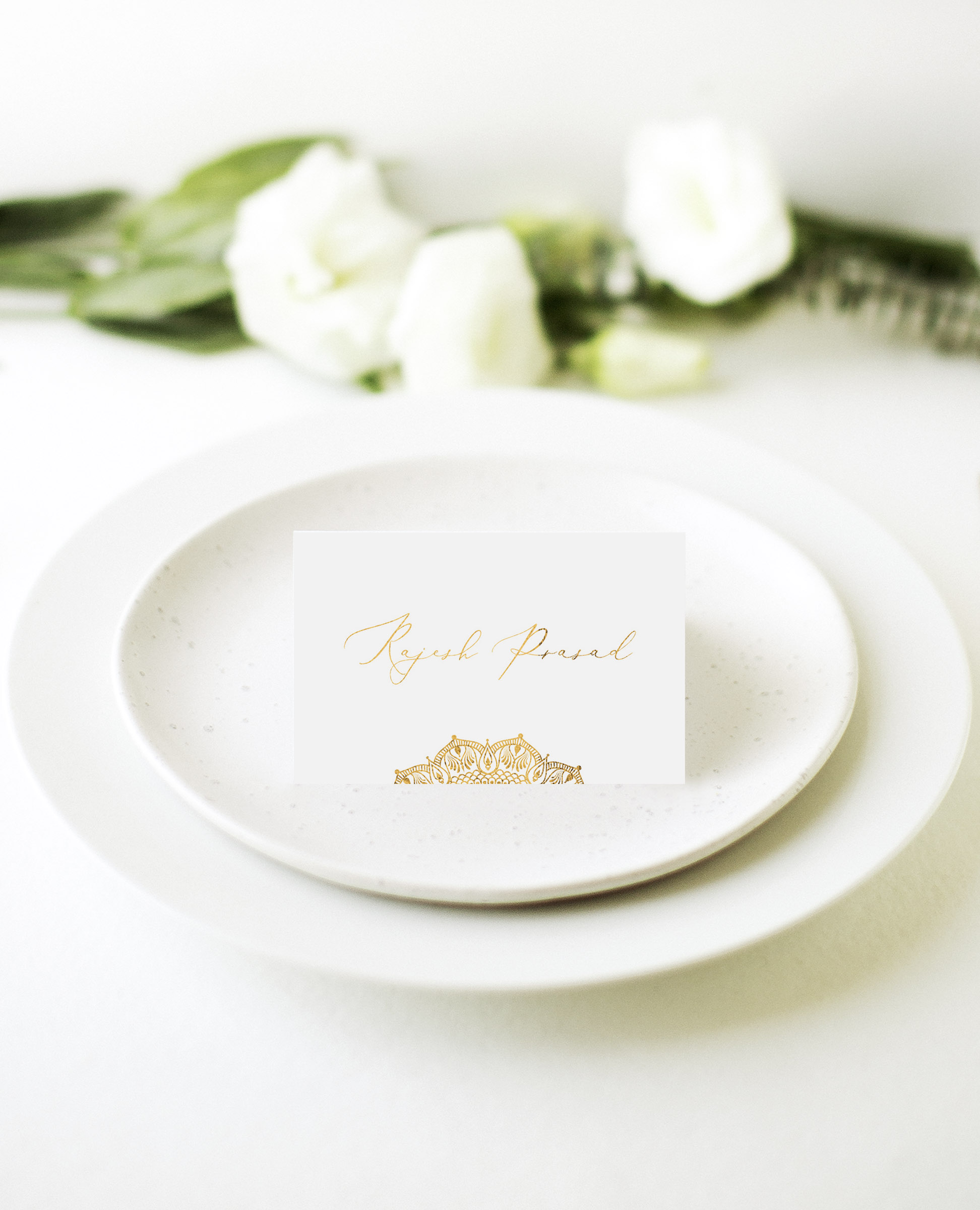 White Vivaha Wedding Place Cards - Metallic Prints design preview