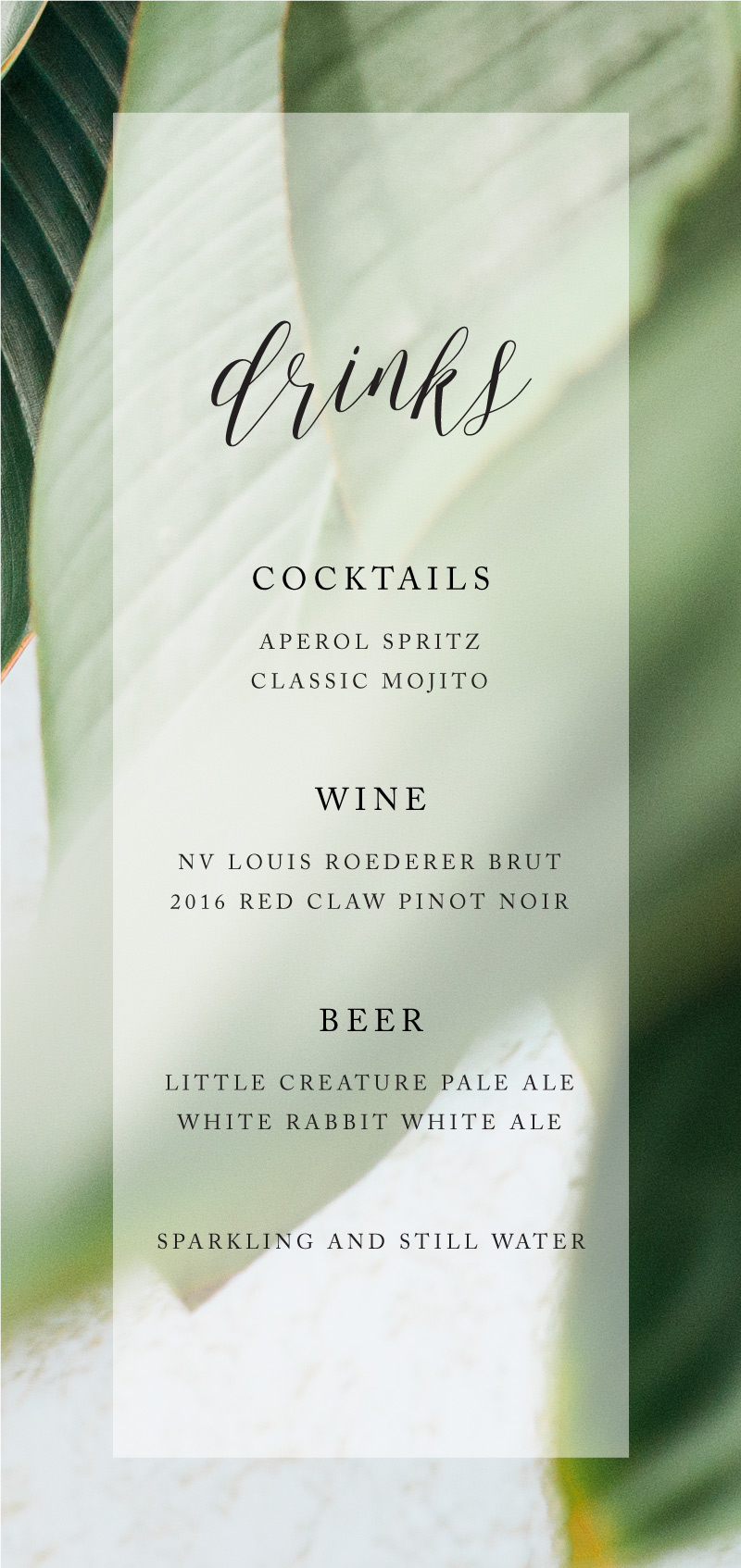 Tropical Leaves - Wedding Menu