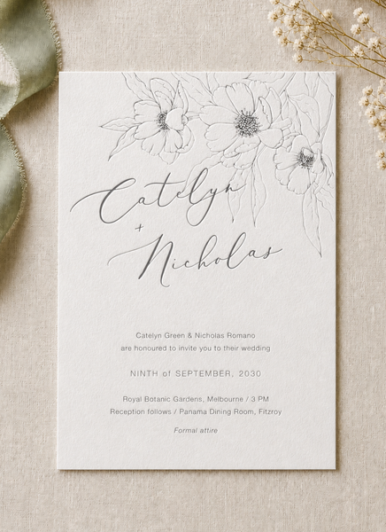 Graphite Blooms wedding invitation design from Paperlust.