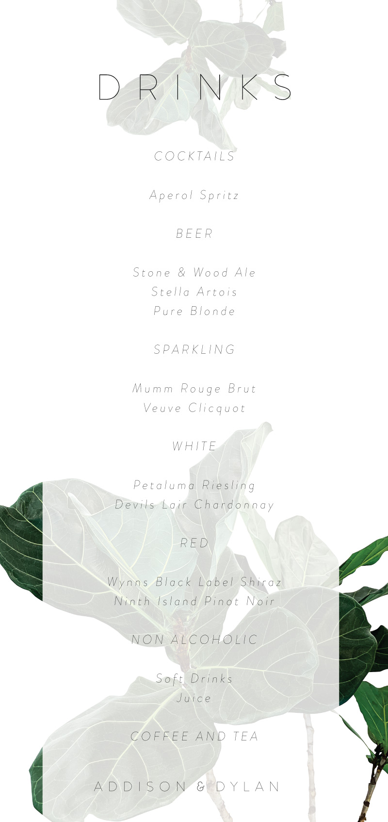 Fiddle Leaf Fig Wedding Menu - Digital Printing design preview