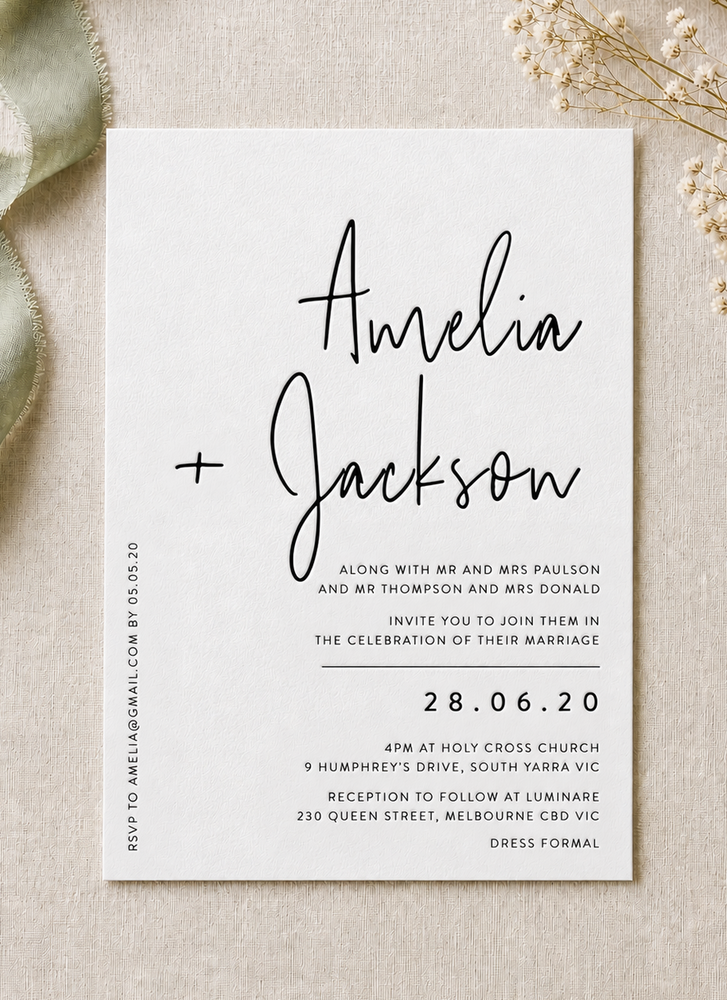Linear Wedding Invitations - Letterpress design preview