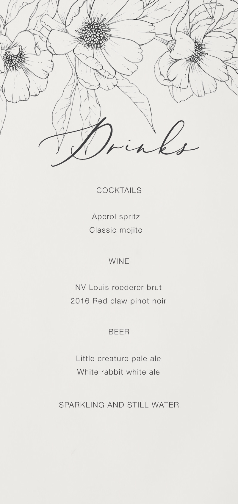 Graphite Blooms Wedding Menu - Digital Printing design preview