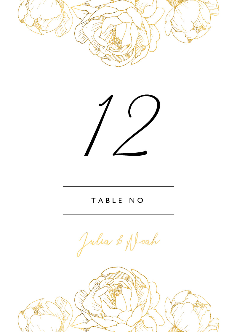 Peony Bloom Table Numbers - Flat Foil design preview