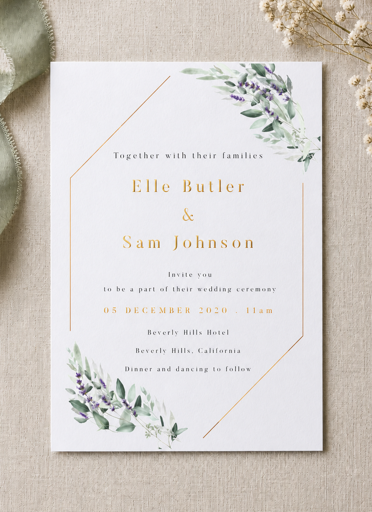 Lavender Leaves Wedding Invitations - Flat Foil design preview
