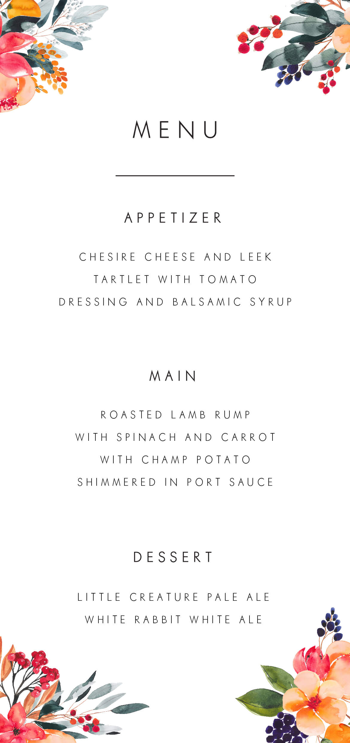 Floral Crown Georgia - Wedding Menu