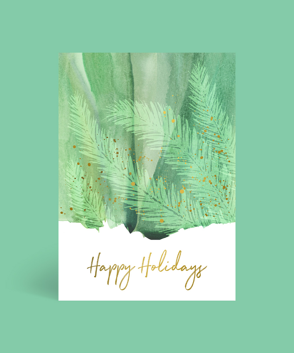 Watercolor Flocked Pine Christmas Cards - Metallic Prints design preview